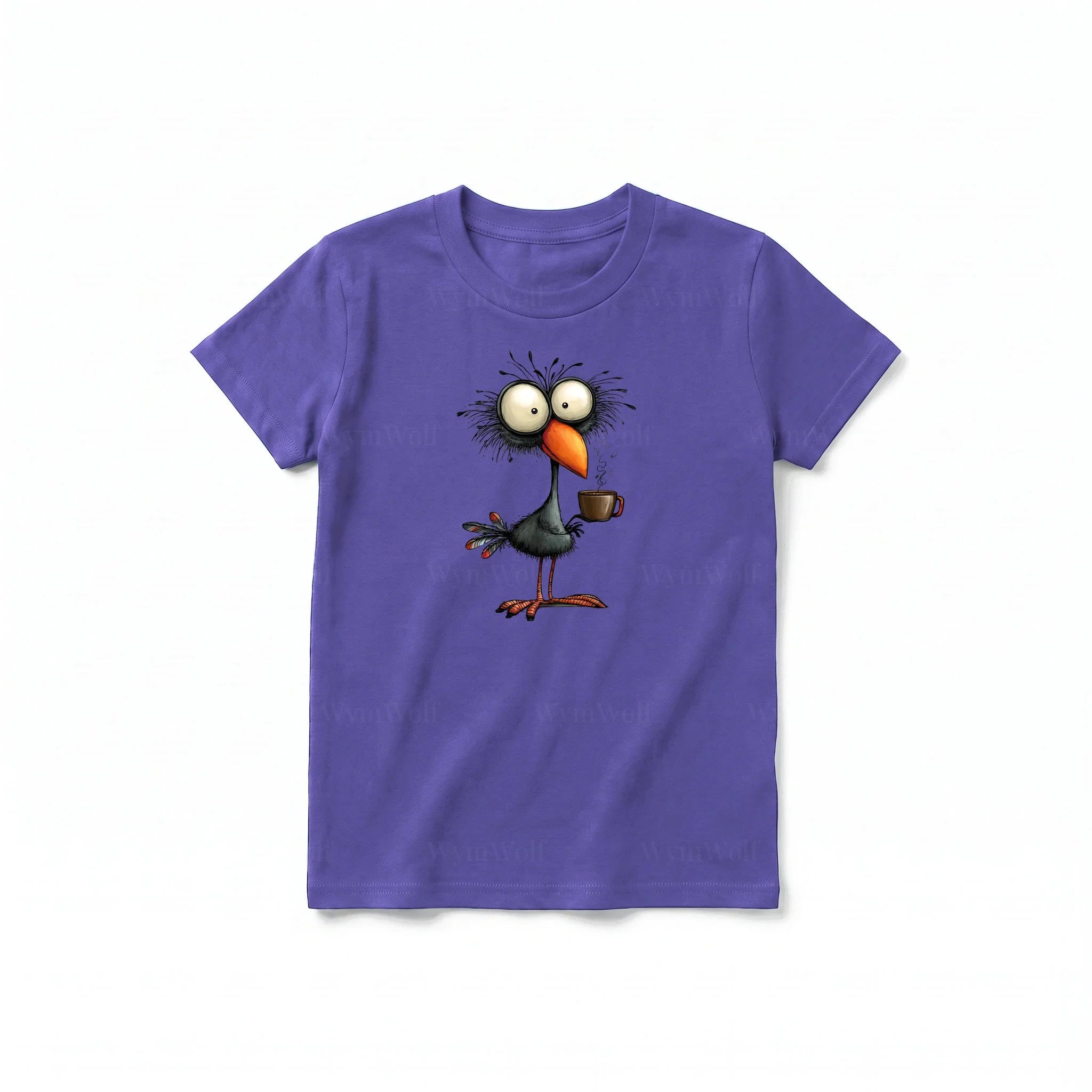 A purple short-sleeve crewneck t-shirt for youth featuring a graphic of a quirky bird on the front.