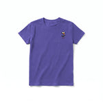 A purple short-sleeve crewneck t-shirt for youth featuring a graphic of a quirky bird on the left chest.