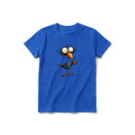 A royal short-sleeve crewneck t-shirt for youth featuring a graphic of a quirky bird on the front.