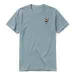 A sage short-sleeve crewneck t-shirt for adult featuring a graphic of a quirky bird on the left chest.