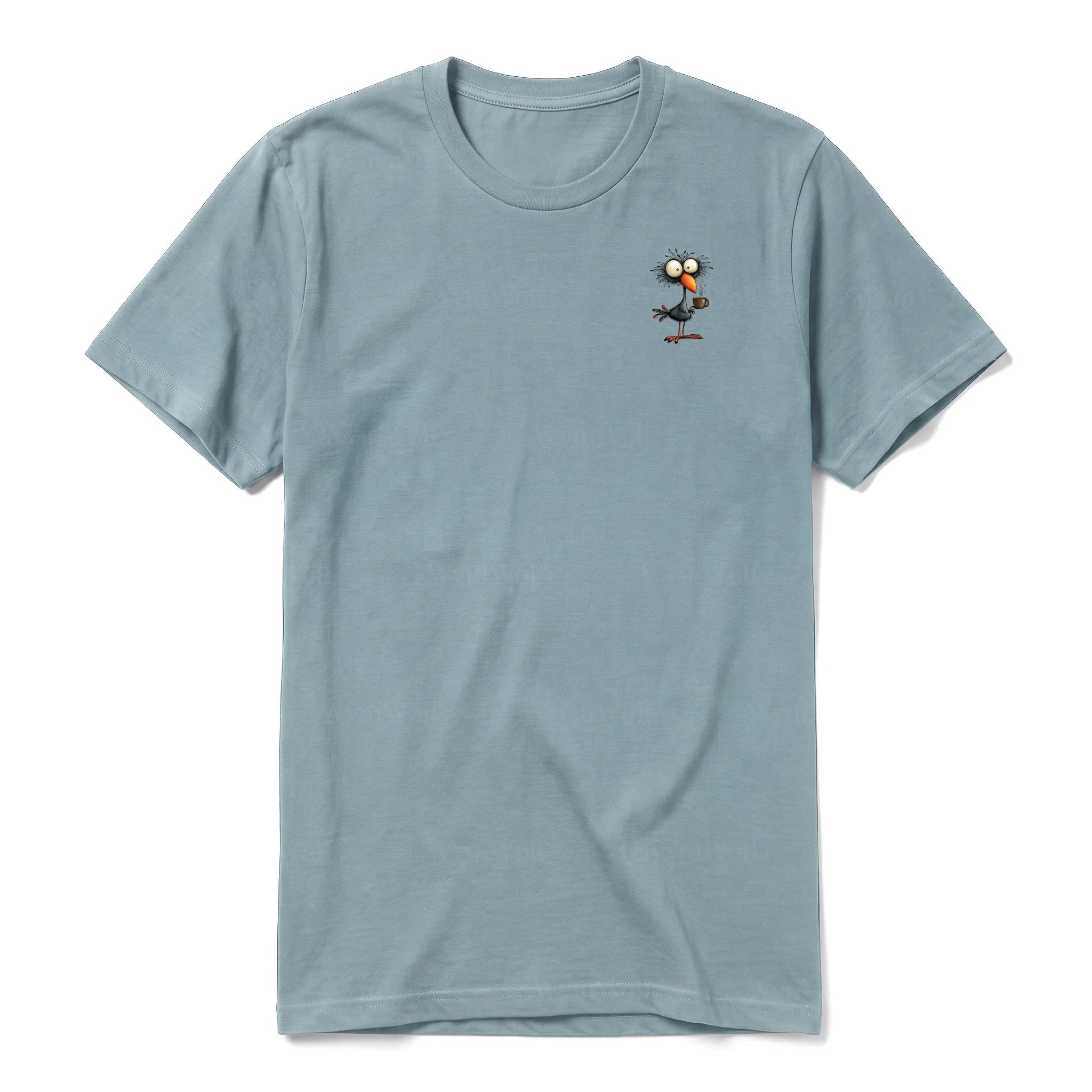 A sage short-sleeve crewneck t-shirt for adult featuring a graphic of a quirky bird on the left chest.