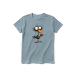 A sage short-sleeve crewneck t-shirt for youth featuring a graphic of a quirky bird on the front.