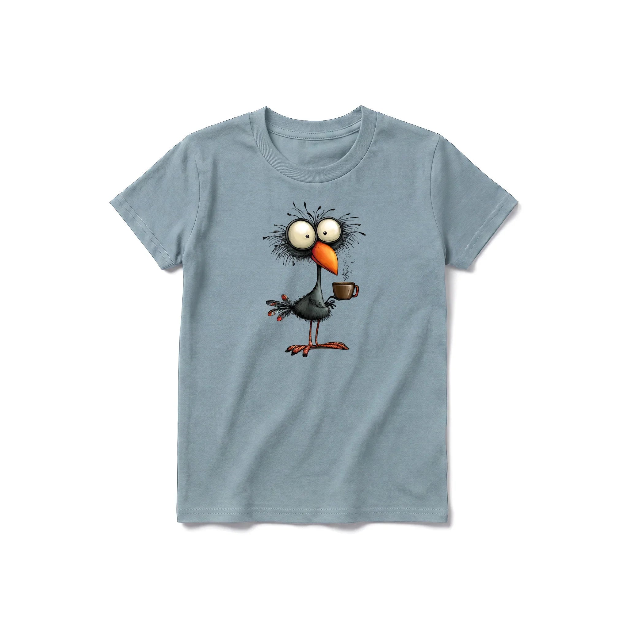 A sage short-sleeve crewneck t-shirt for youth featuring a graphic of a quirky bird on the front.