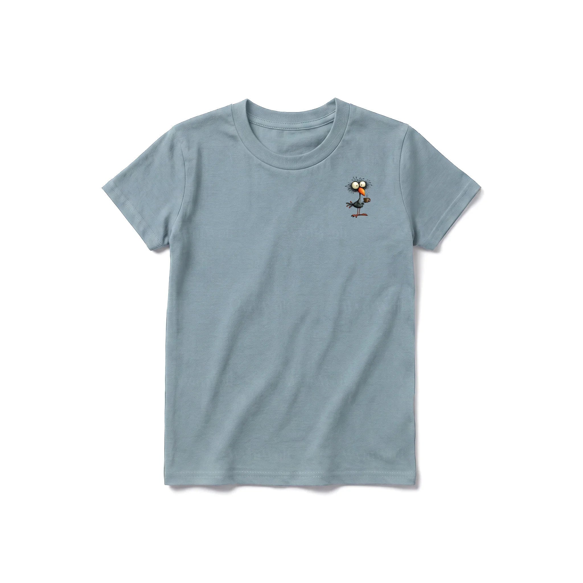A sage short-sleeve crewneck t-shirt for youth featuring a graphic of a quirky bird on the left chest.