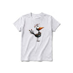Un T-shirt gris cendré à manches courtes et col rond pour jeune, orné d'un motif représentant un oiseau excentrique sur le devant.