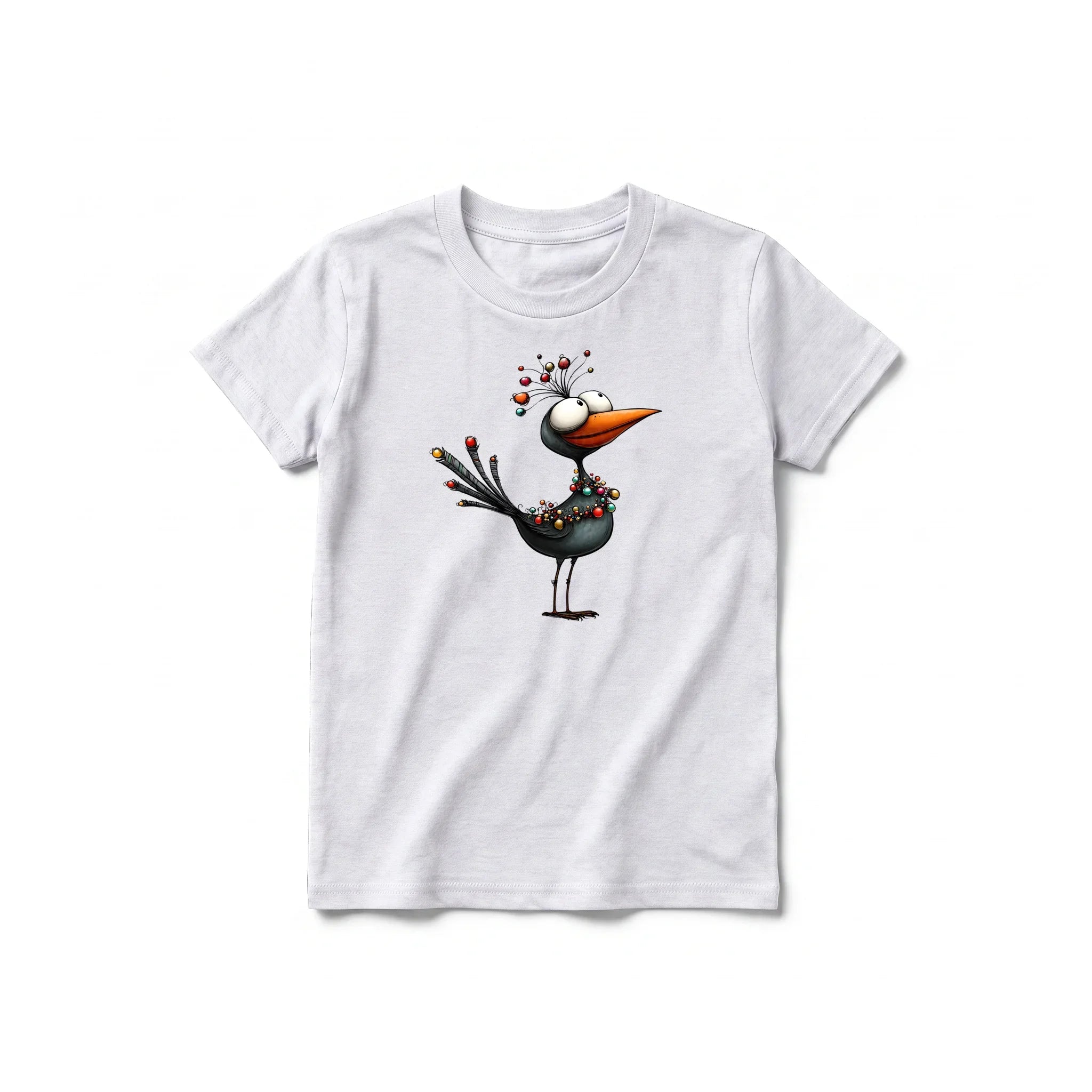 Un T-shirt gris cendré à manches courtes et col rond pour jeune, orné d'un motif représentant un oiseau excentrique sur le devant.