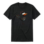 A black short-sleeve crewneck t-shirt for adult featuring a graphic of a quirky bird on the front.