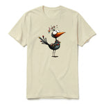 A latte short-sleeve crewneck t-shirt for adult featuring a graphic of a quirky bird on the front.
