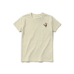 A latte short-sleeve crewneck t-shirt for youth featuring a graphic of a quirky bird on the left chest.