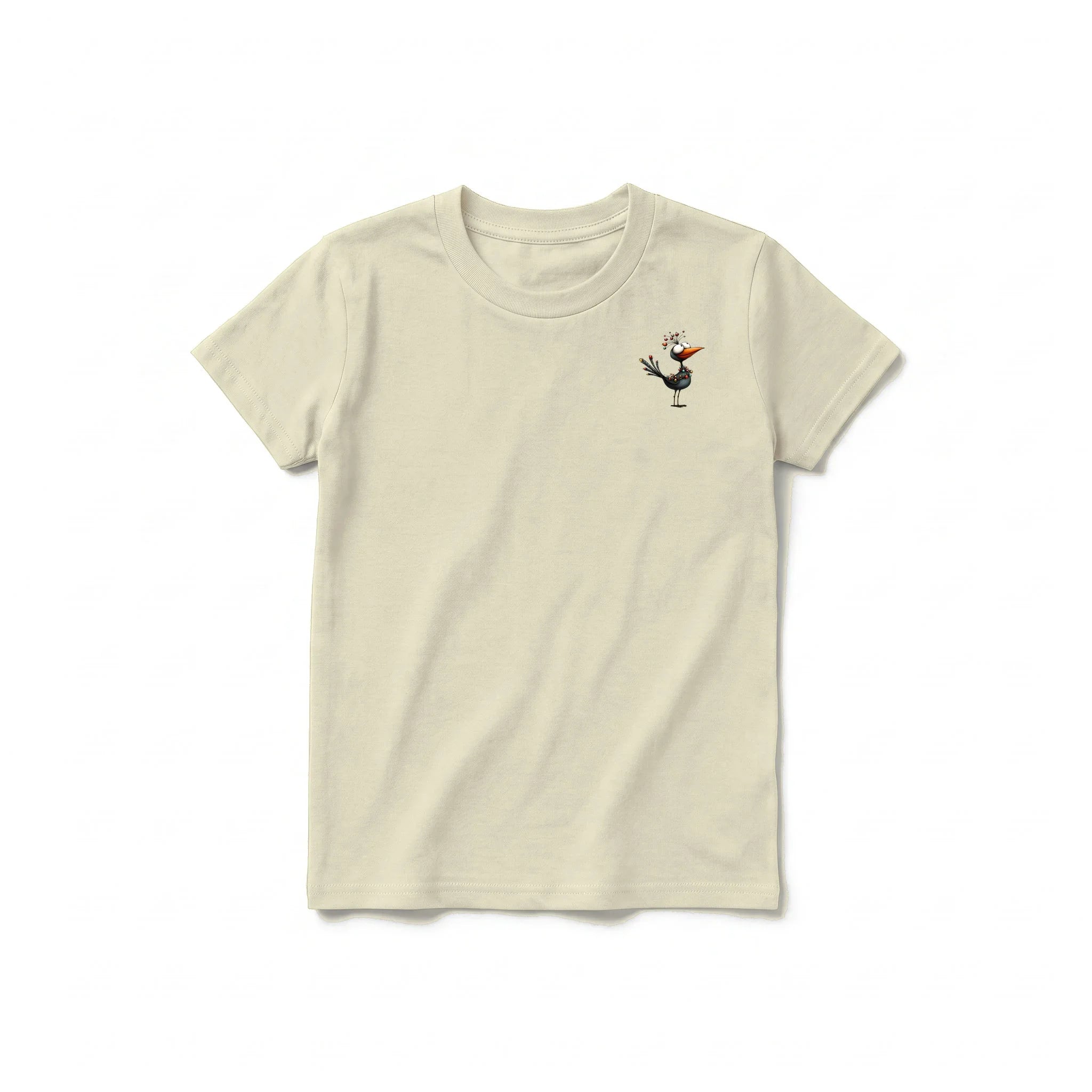 A latte short-sleeve crewneck t-shirt for youth featuring a graphic of a quirky bird on the left chest.