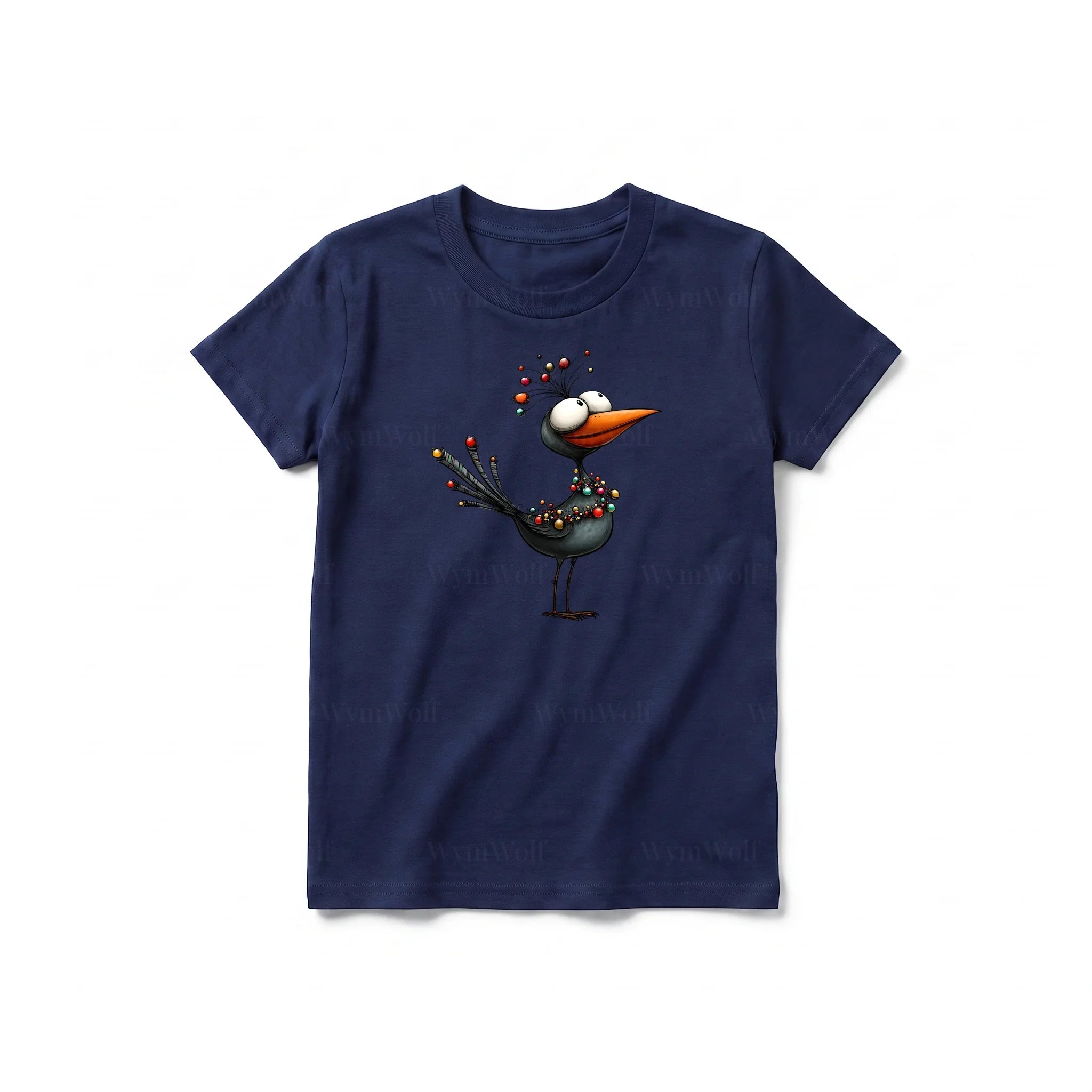 Un T-shirt marine à manches courtes et col rond pour jeune, orné d'un motif représentant un oiseau excentrique sur le devant.