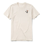 A vintage-white short-sleeve crewneck t-shirt for adult featuring a graphic of a quirky bird on the left chest.