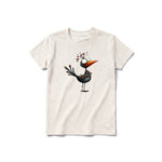 A vintage-white short-sleeve crewneck t-shirt for youth featuring a graphic of a quirky bird on the front.