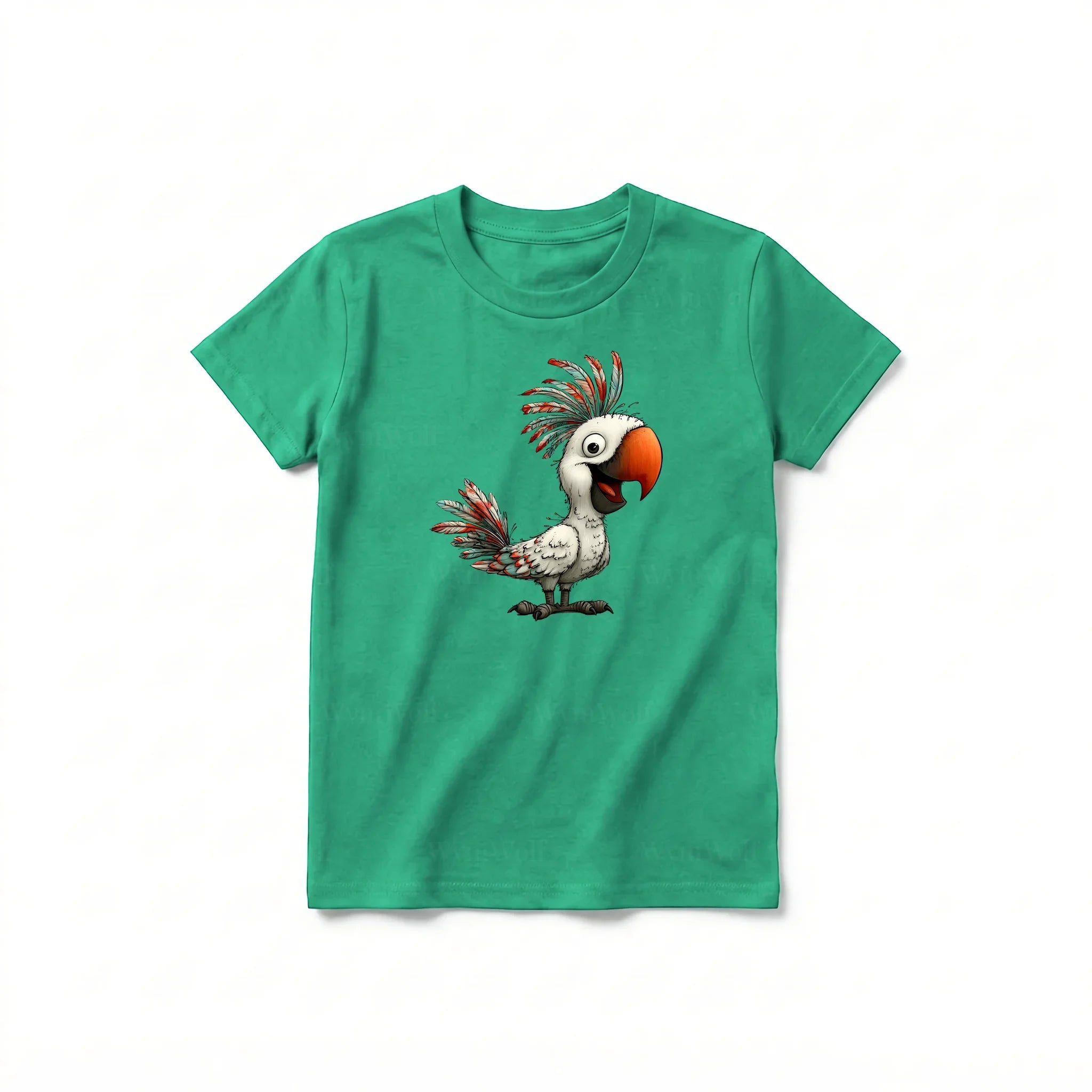 Un T-shirt kelly à manches courtes et col rond pour jeune, orné d'un motif représentant un oiseau excentrique sur le devant.