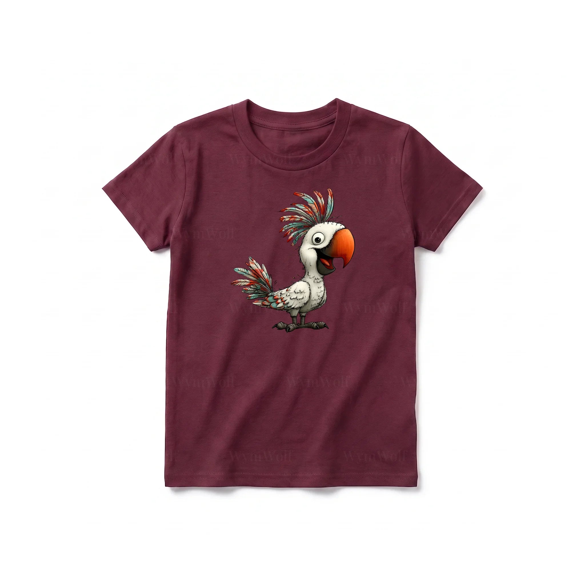 A maroon short-sleeve crewneck t-shirt for youth featuring a graphic of a quirky bird on the front.