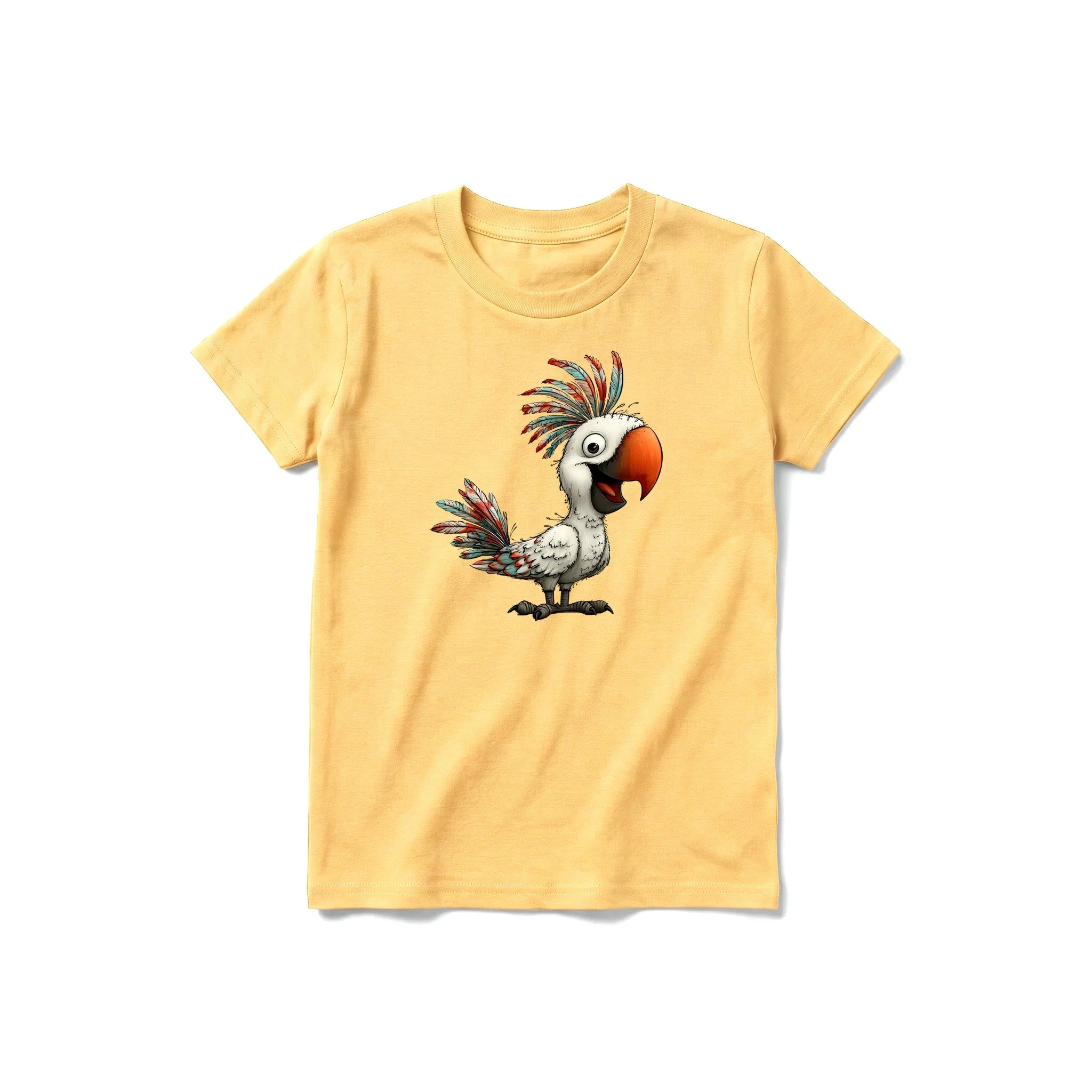 Un T-shirt moutarde à manches courtes et col rond pour jeune, orné d'un motif représentant un oiseau excentrique sur le devant.