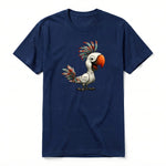 A navy short-sleeve crewneck t-shirt for adult featuring a graphic of a quirky bird on the front.