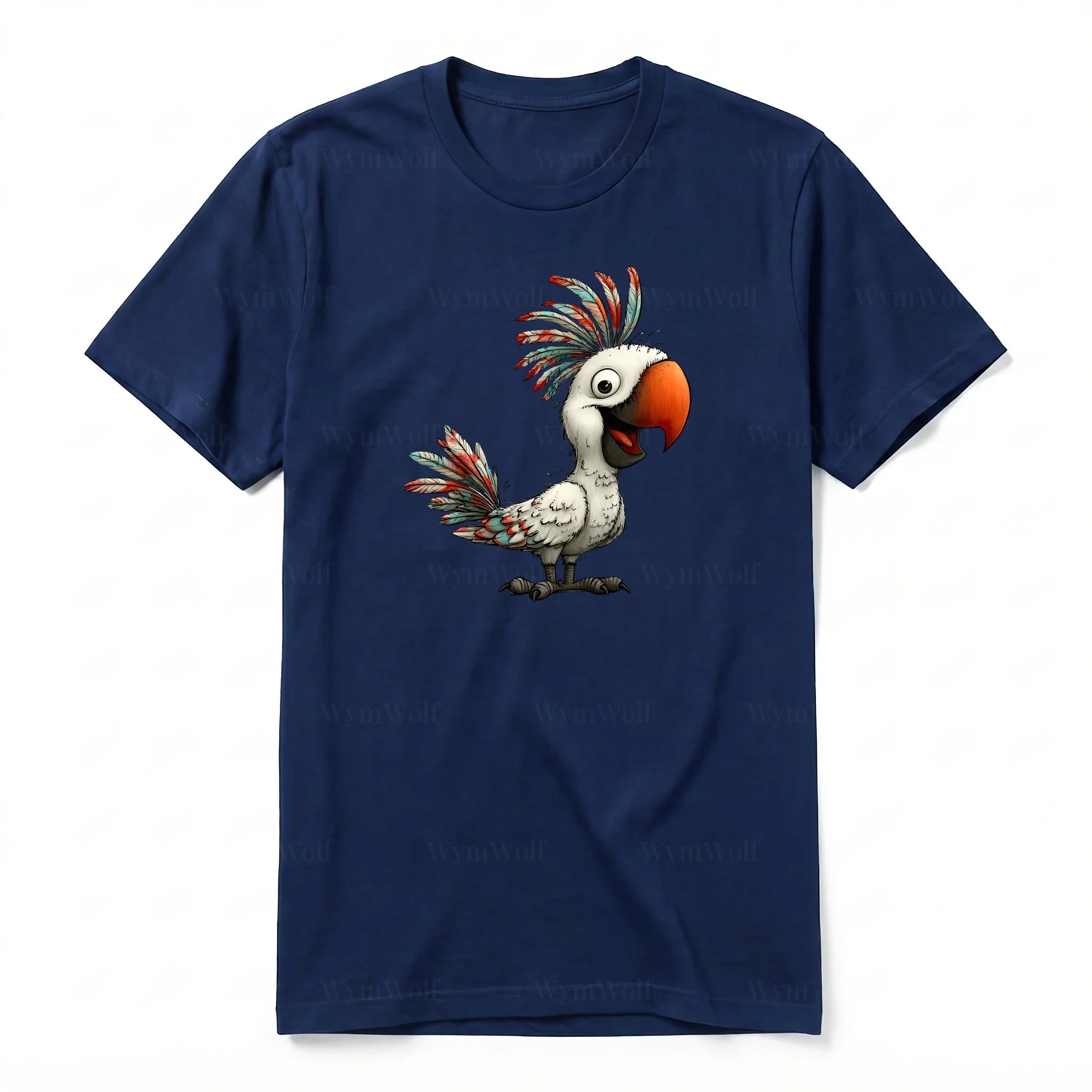 A navy short-sleeve crewneck t-shirt for adult featuring a graphic of a quirky bird on the front.