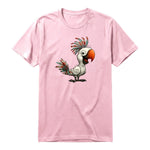 A pink short-sleeve crewneck t-shirt for adult featuring a graphic of a quirky bird on the front.