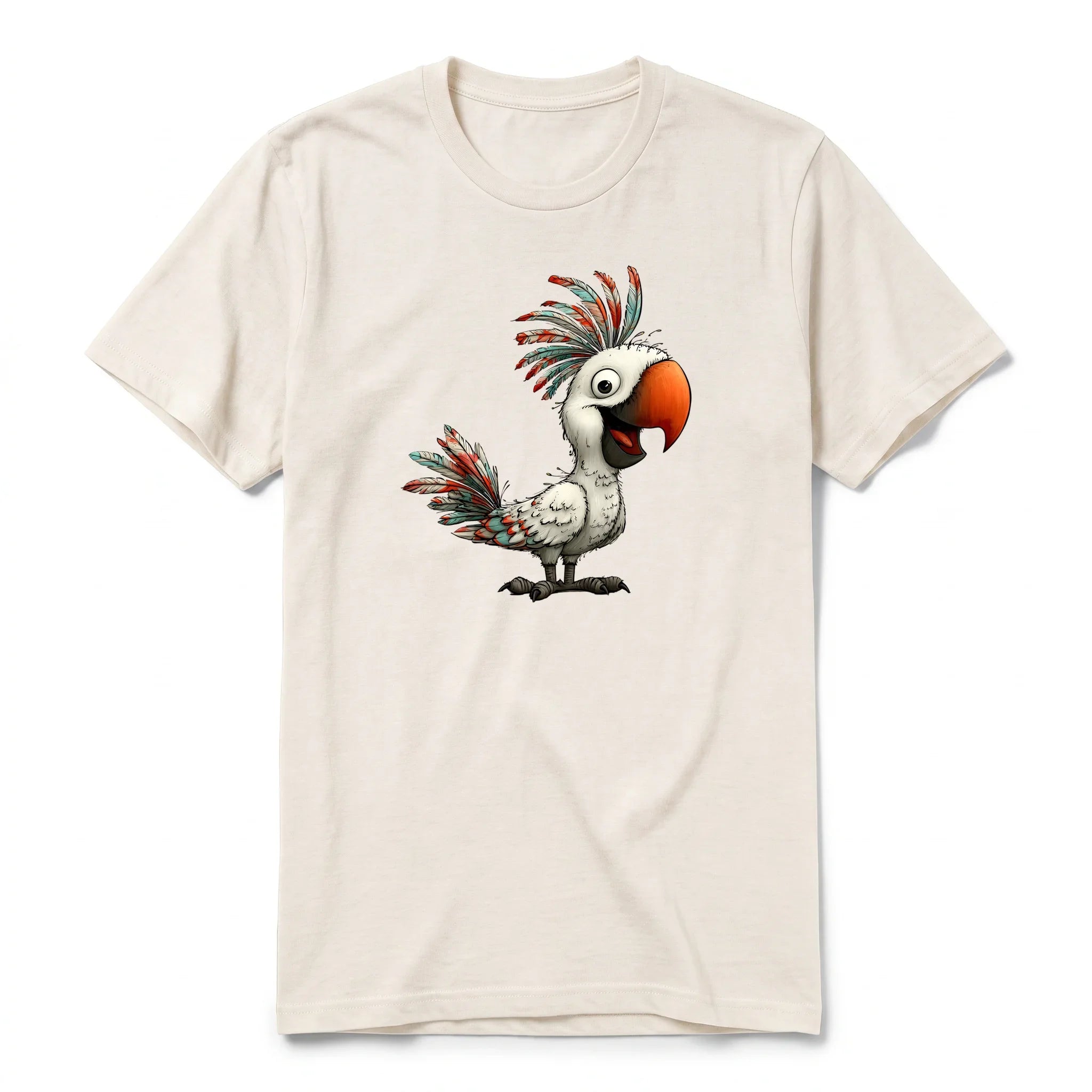 A vintage-white short-sleeve crewneck t-shirt for adult featuring a graphic of a quirky bird on the front.