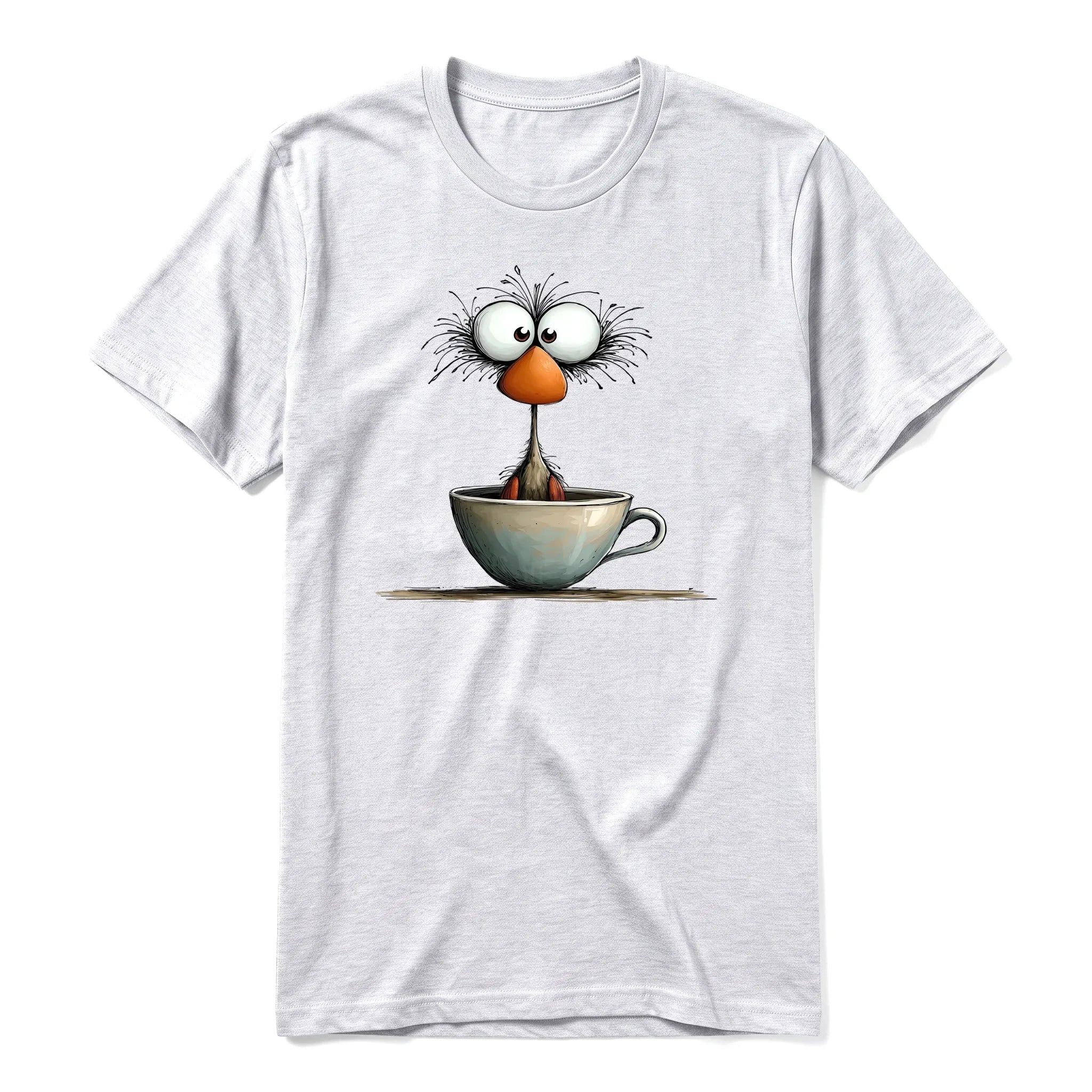 A ash grey short-sleeve crewneck t-shirt for adult featuring a graphic of a quirky bird on the front.