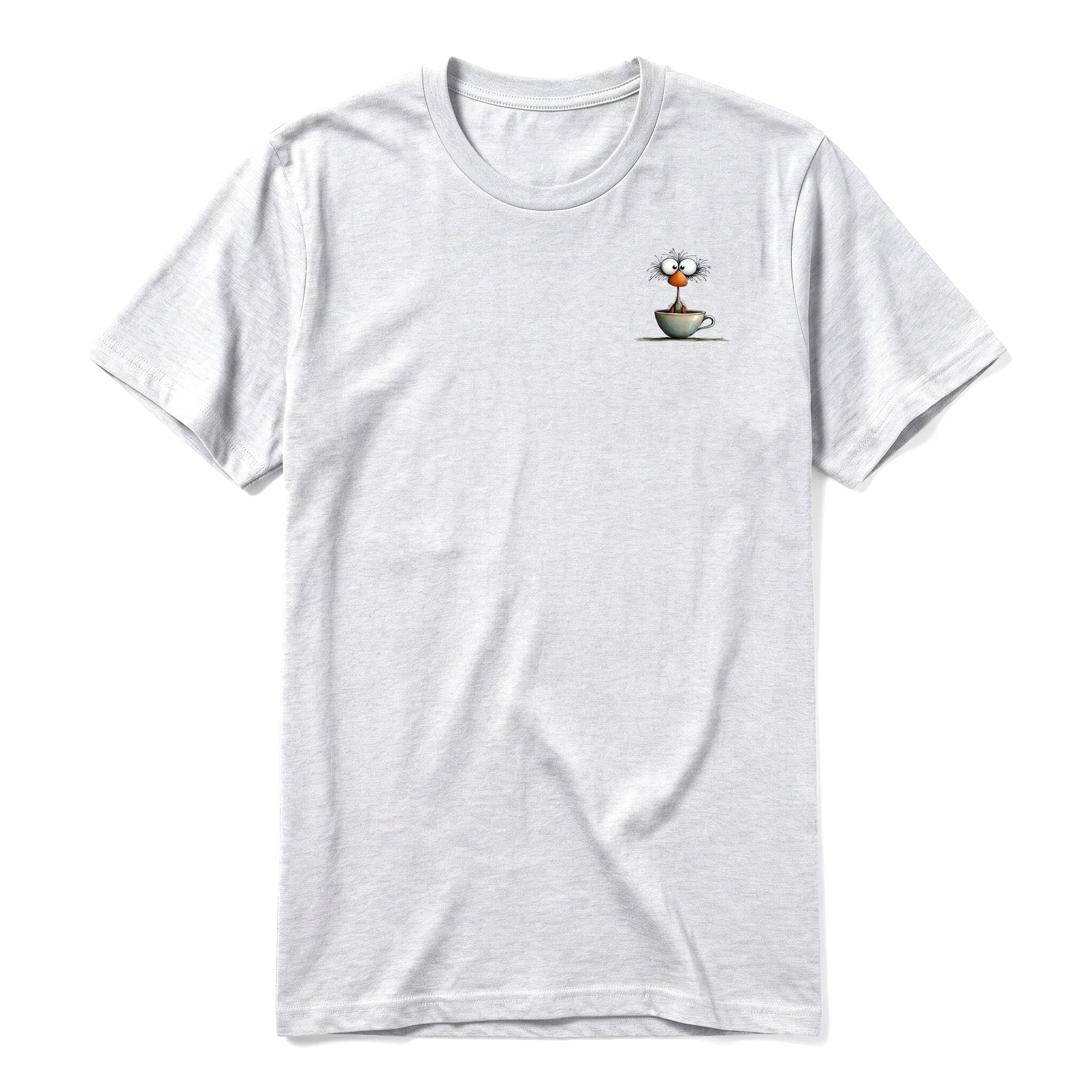 A ash grey short-sleeve crewneck t-shirt for adult featuring a graphic of a quirky bird on the left chest.
