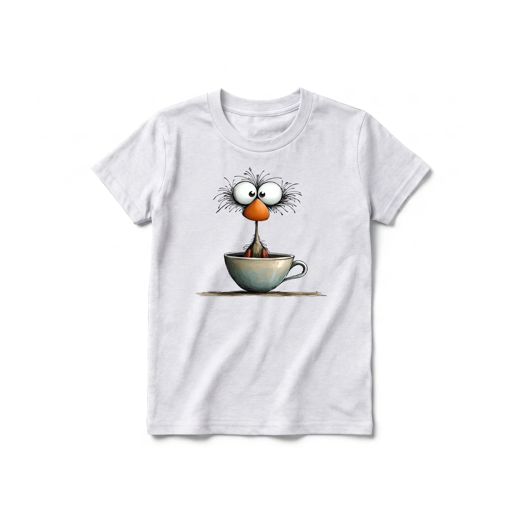 A ash grey short-sleeve crewneck t-shirt for youth featuring a graphic of a quirky bird on the front.