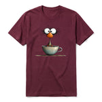 A maroon short-sleeve crewneck t-shirt for adult featuring a graphic of a quirky bird on the front.