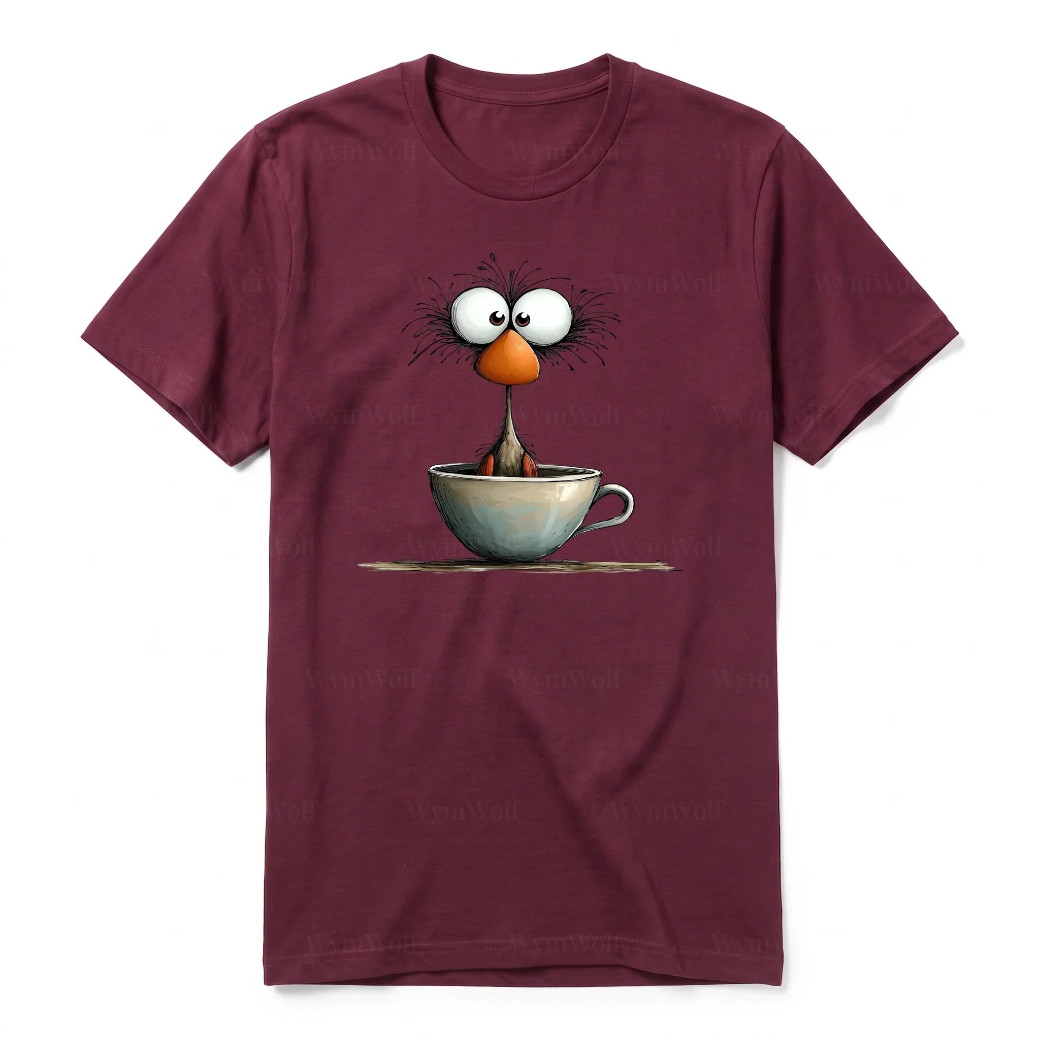 A maroon short-sleeve crewneck t-shirt for adult featuring a graphic of a quirky bird on the front.