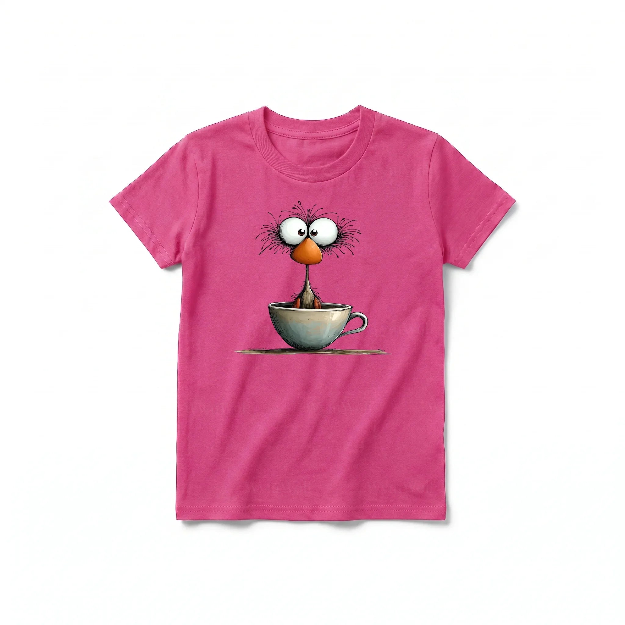 Un T-shirt framboise à manches courtes et col rond pour jeune, orné d'un motif représentant un oiseau excentrique sur le devant.