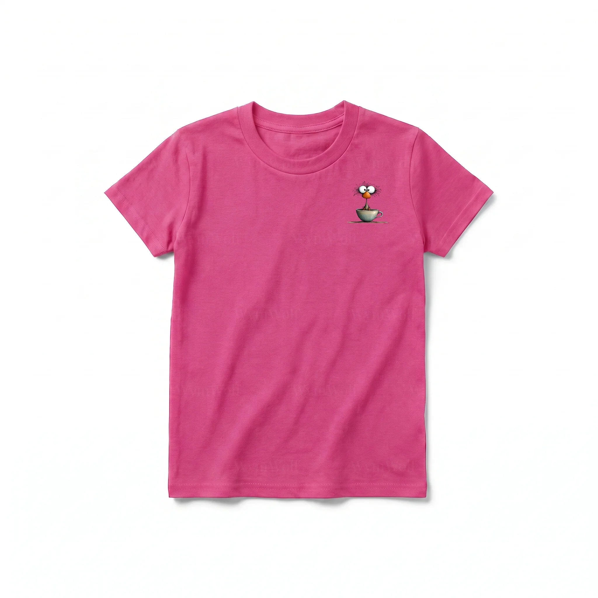 Un T-shirt framboise à manches courtes et col rond pour jeune, orné d'un motif représentant un oiseau excentrique sur la poitrine gauche.