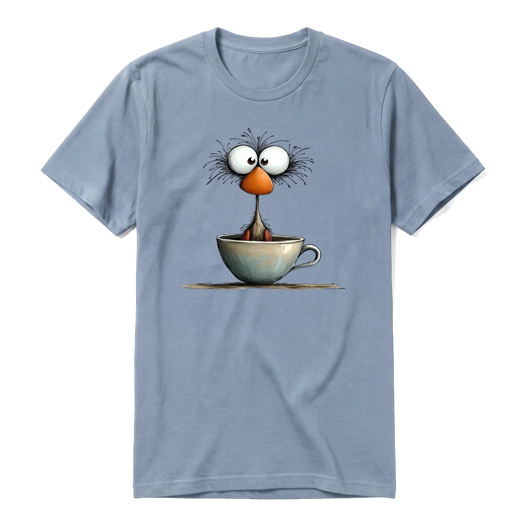 A steel-blue short-sleeve crewneck t-shirt for adult featuring a graphic of a quirky bird on the front.