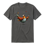 Un T-shirt charbon à manches courtes et col rond, orné d'un motif représentant un oiseau excentrique sur le devant.