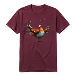 A maroon short-sleeve crewneck t-shirt for adult featuring a graphic of a quirky bird on the front.