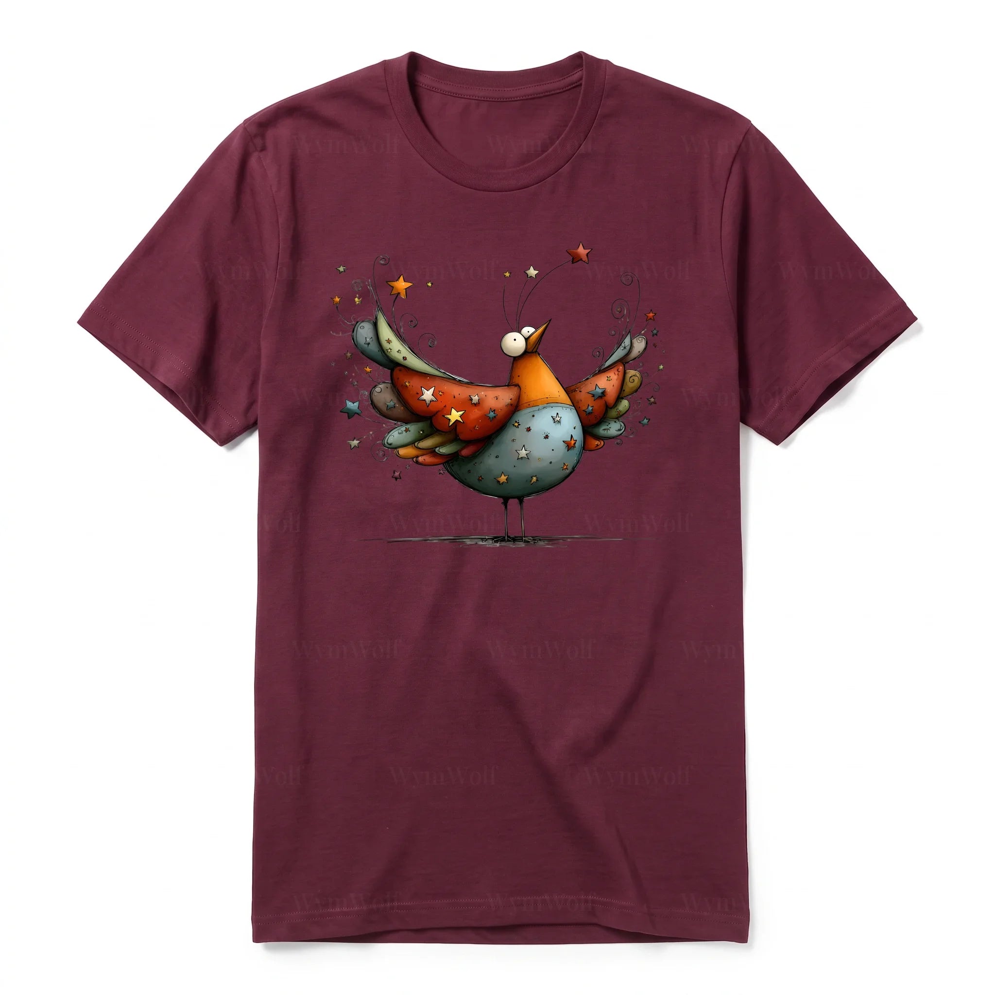 A maroon short-sleeve crewneck t-shirt for adult featuring a graphic of a quirky bird on the front.