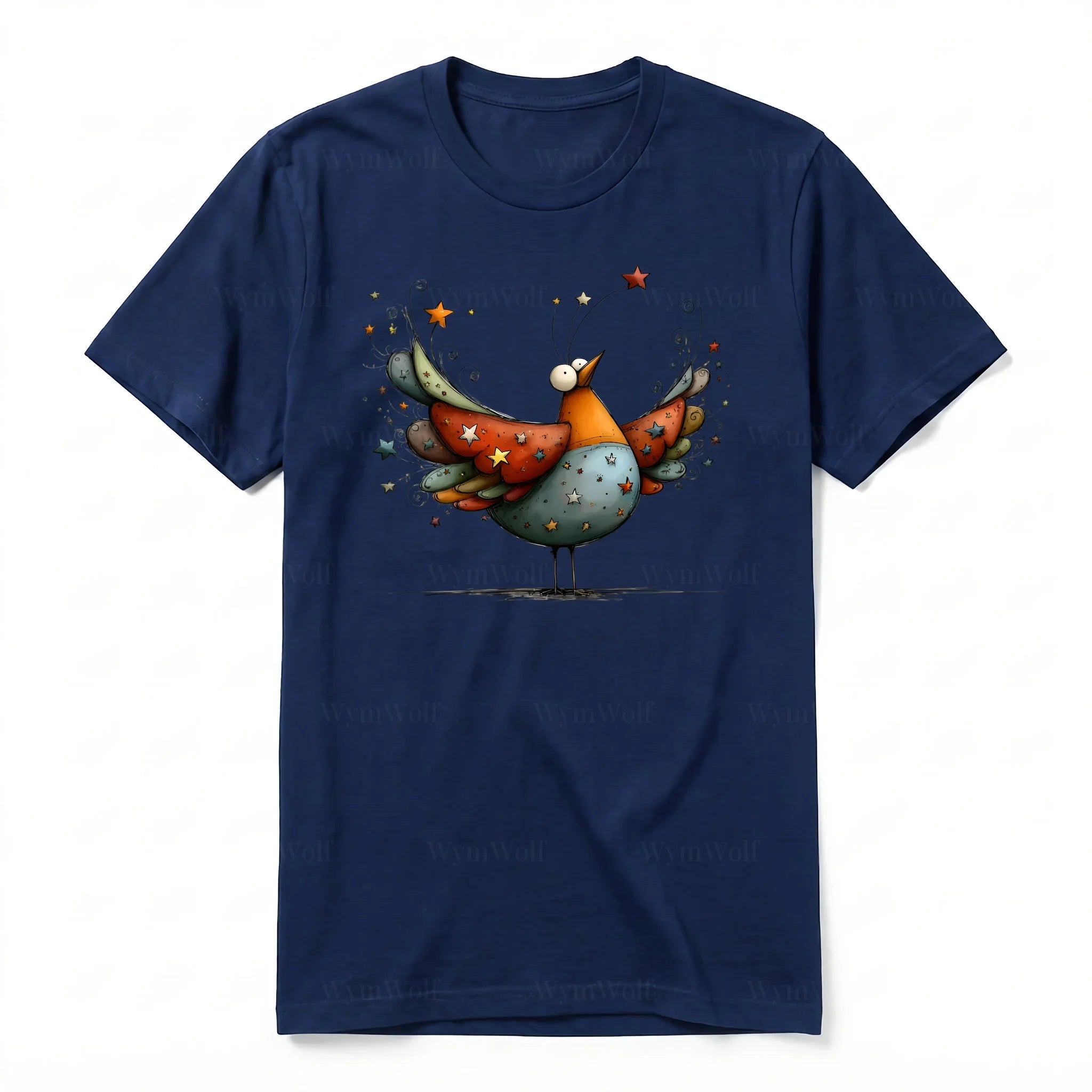 A navy short-sleeve crewneck t-shirt for adult featuring a graphic of a quirky bird on the front.