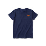 A navy short-sleeve crewneck t-shirt for youth featuring a graphic of a quirky bird on the left chest.