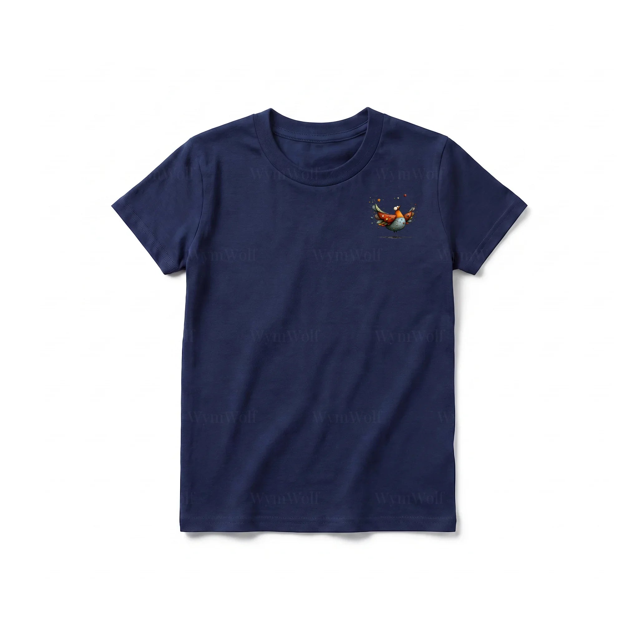 A navy short-sleeve crewneck t-shirt for youth featuring a graphic of a quirky bird on the left chest.