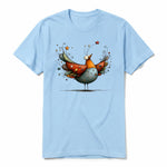 A powder short-sleeve crewneck t-shirt for adult featuring a graphic of a quirky bird on the front.