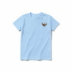 A powder short-sleeve crewneck t-shirt for youth featuring a graphic of a quirky bird on the left chest.