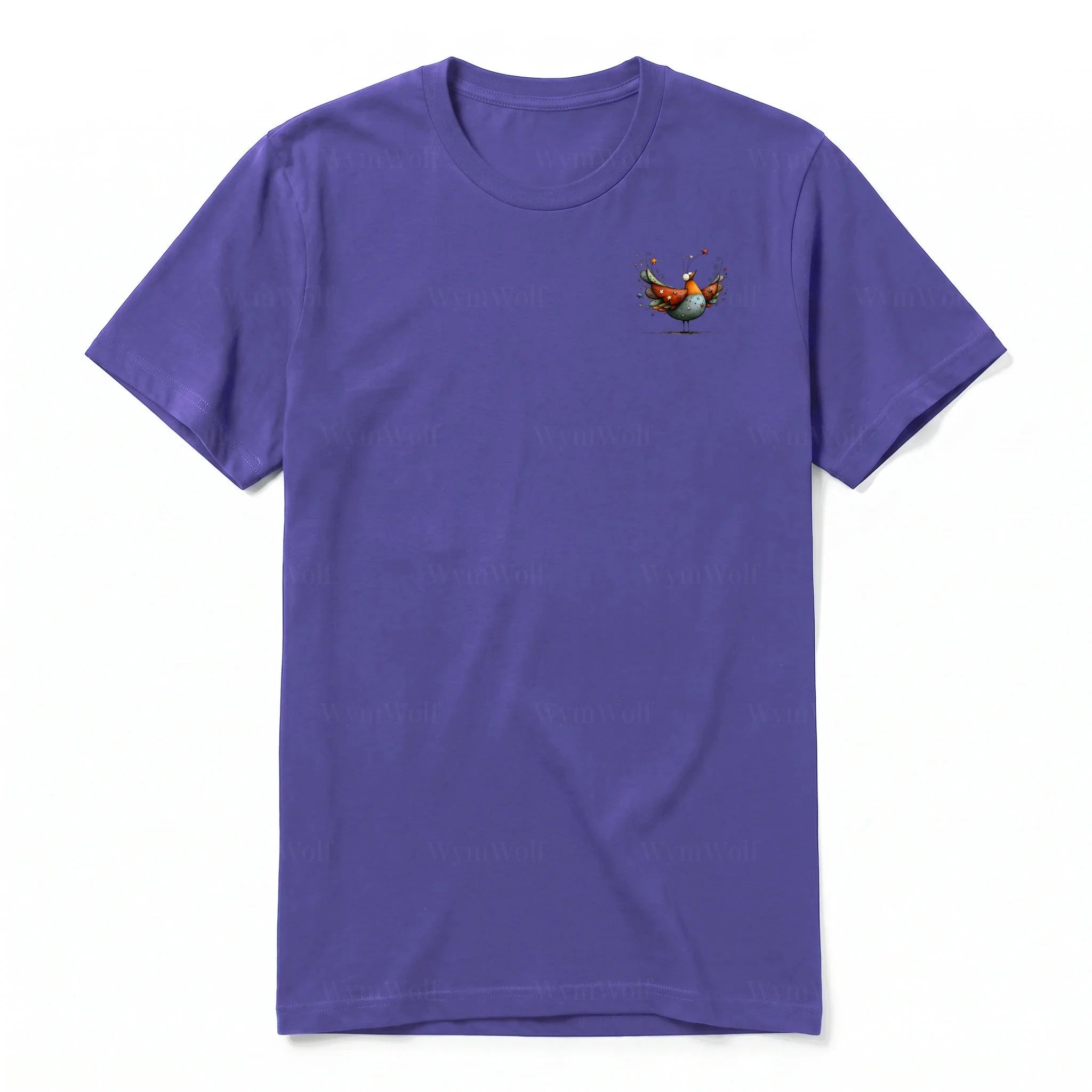 A purple short-sleeve crewneck t-shirt for adult featuring a graphic of a quirky bird on the left chest.