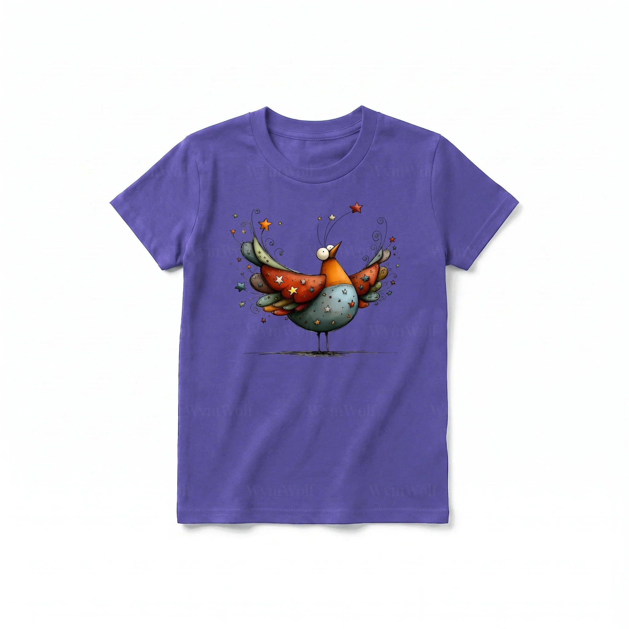 A purple short-sleeve crewneck t-shirt for youth featuring a graphic of a quirky bird on the front.