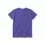 A purple short-sleeve crewneck t-shirt for youth featuring a graphic of a quirky bird on the left chest.