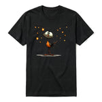 A black short-sleeve crewneck t-shirt for adult featuring a graphic of a quirky bird on the front.