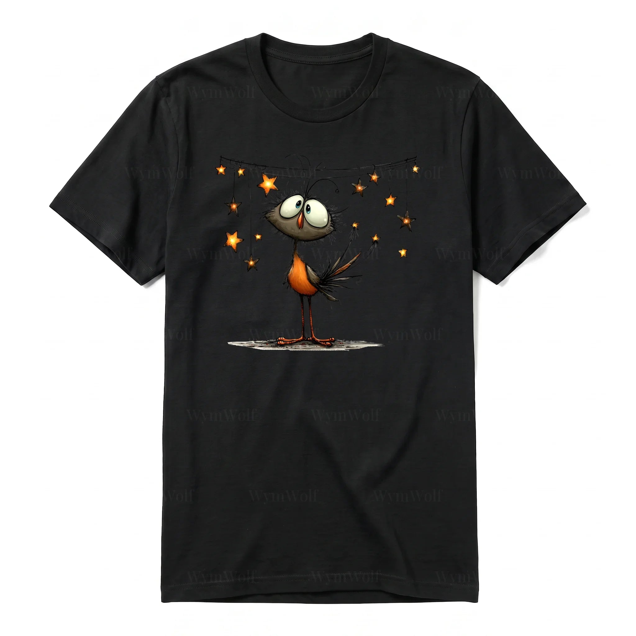 A black short-sleeve crewneck t-shirt for adult featuring a graphic of a quirky bird on the front.