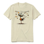 A latte short-sleeve crewneck t-shirt for adult featuring a graphic of a quirky bird on the front.
