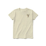 A latte short-sleeve crewneck t-shirt for youth featuring a graphic of a quirky bird on the left chest.