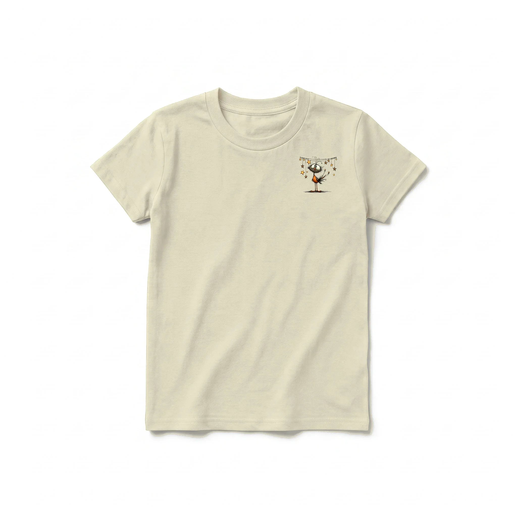 A latte short-sleeve crewneck t-shirt for youth featuring a graphic of a quirky bird on the left chest.