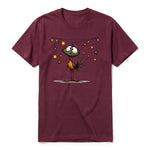 A maroon short-sleeve crewneck t-shirt for adult featuring a graphic of a quirky bird on the front.
