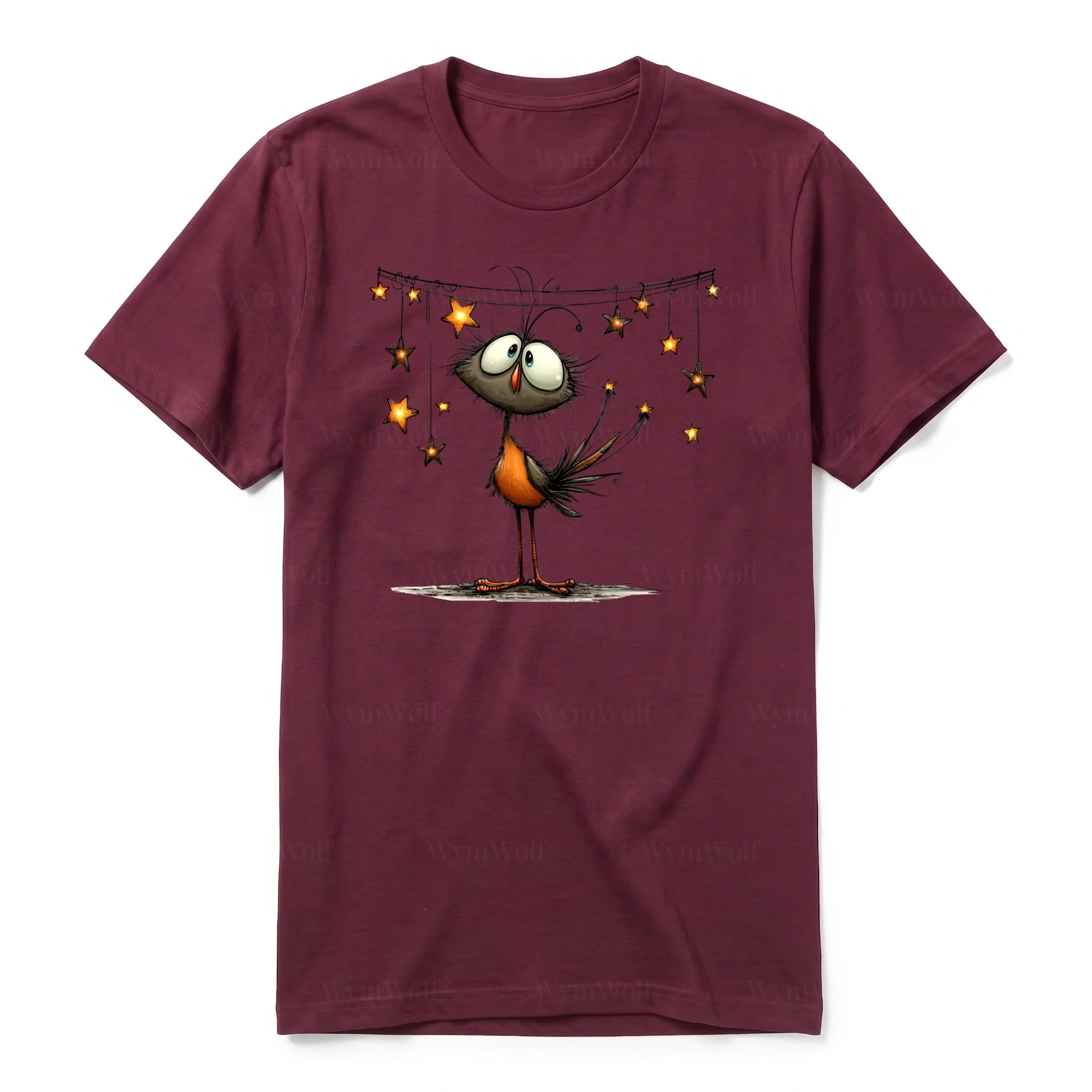A maroon short-sleeve crewneck t-shirt for adult featuring a graphic of a quirky bird on the front.